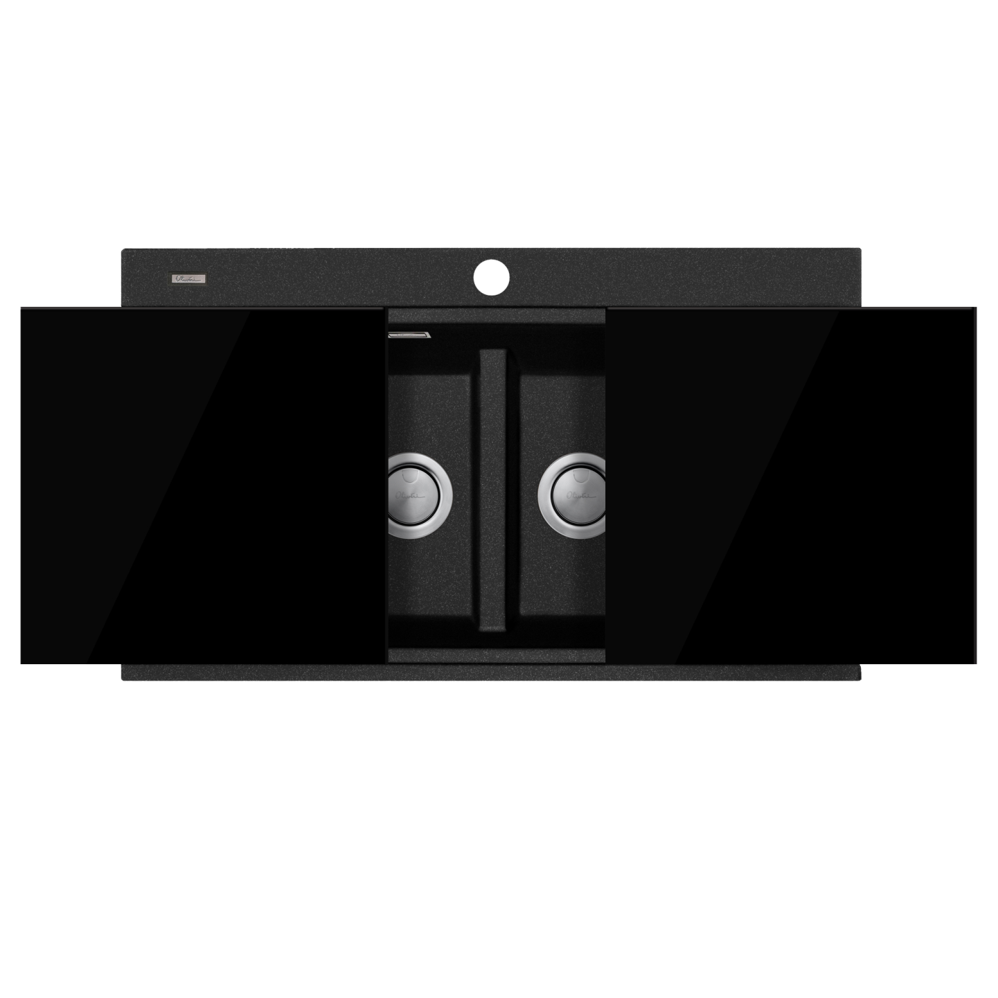 Glass covers conceal the sink bowls when not in use.